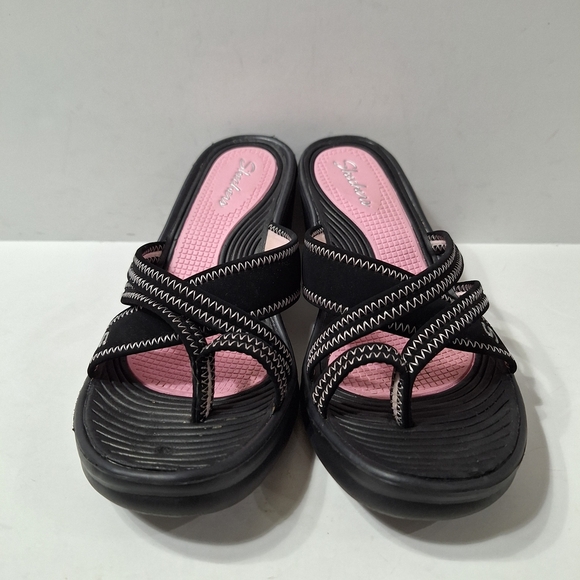 Skechers Casual Black and Pink Wedge Platform Strappy Comfy Slip On Sandal Sz.8 - Picture 6 of 11